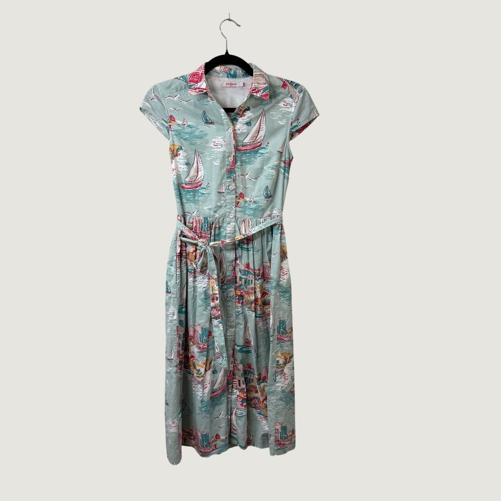 Cath Kidston‎ London Nautical Seaside Sailboat Cotton Shirt Dress Blue Womens 6